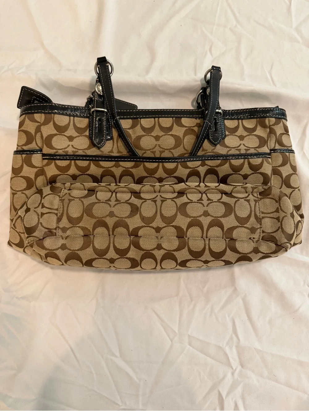 Coach F13566 Signature Jacquard Tote Bag Brown Black Leather Shoulder Purse